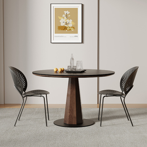 实木圆形餐桌黑色黑胡桃色简约日式家用小户型1米2德利丰岩板圆桌