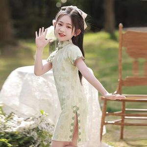 女童旗袍绿色蕾丝夏季短袖复古中国风儿童小清新改良中大童连衣裙