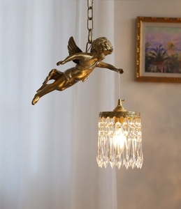 法式客厅复古水晶全铜天使小吊灯中古风走廊入户玄关阳台床头灯具