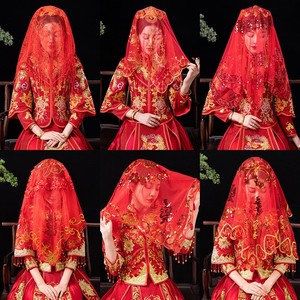 结婚红纱巾新娘红盖头结婚刺绣软头纱高档喜帕中式婚礼红色蒙头巾
