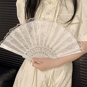 新中式国风蕾丝流苏折叠扇子女随身携带汉服便携式夏天耐用小折扇