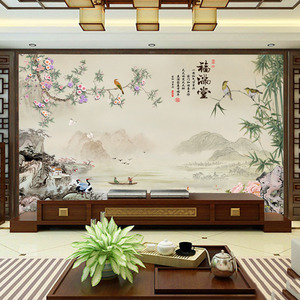 新中式花鸟电视背景墙纸客厅沙发茶室装饰墙贴定制梅花无缝8D墙布