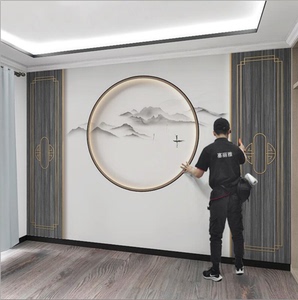 2023新中式水墨山水电视背景墙壁纸客厅沙发影视墙布圆形装饰贴画