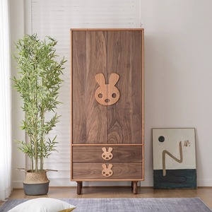 樱桃木可爱兔儿童衣柜简约卧室黑胡桃木双拼小衣橱环保儿童房家具