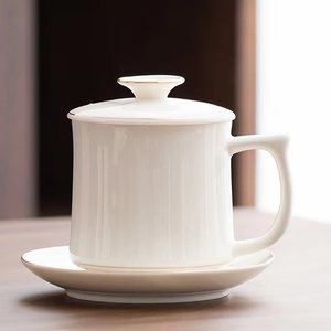 陶瓷羊脂玉茶杯带把水杯带盖个人专用办公杯白瓷马克杯刻字可定制