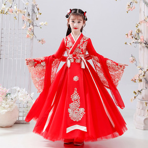 儿童汉服女新款长袖春秋红色唐装喜庆童装女童古装中国风绣花裙子