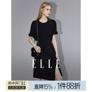 ELLE黑色设计感短袖纯棉连衣裙女2024夏季新款宽松显瘦高腰裙子