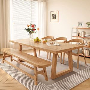 沐铂原木风全实木餐桌长方形松木饭桌家用小户型餐桌书桌一体客厅
