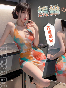 2024夏季新款茶歇法式印花性感裸背挂脖连衣裙子气质女装套装短裙