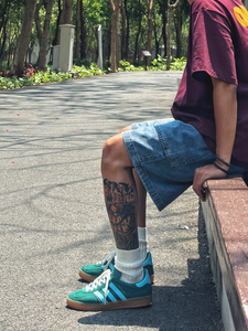 BTEP夏季美式复古设计水洗重工牛仔短裤男潮牌休闲高街多口袋裤