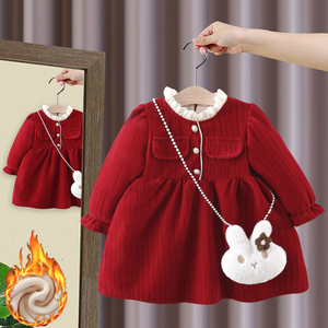 婴儿衣服秋冬季洋气红色加绒公主连衣裙套装一周岁女宝宝过年冬装