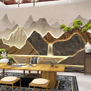 3D新中式假山办公室茶室背有靠山图壁画足疗店背景墙流水生财壁纸