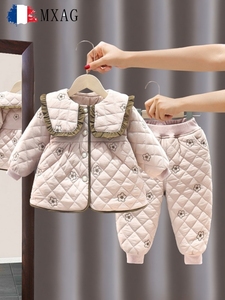 法国MXAG女小童冬装棉衣套装2023新款洋气加绒加厚保暖棉裤俩件套
