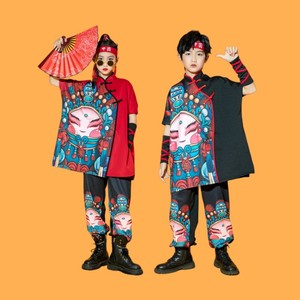 中国风戏曲脸谱服国潮街舞嘻哈服男童女童学校演出服装喜庆表演服