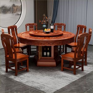 实木圆桌中式金花梨木红木圆形餐桌椅组合转盘饭桌仿古雕花家用桌
