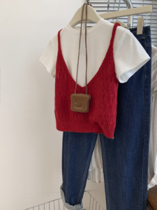 法式红色v领针织吊带女夏季夏无袖小背心叠穿马甲两件套上衣外穿