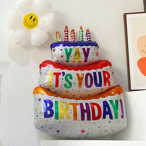 大号彩色生日蛋糕铝膜气球拍照道具宝宝周岁派对场景装饰送小朋友
