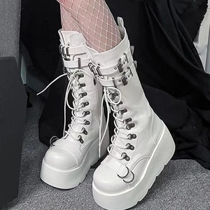 朋克厚底靴Demonia2023新款铆钉扣带坡跟高筒女风亚文化机车长靴