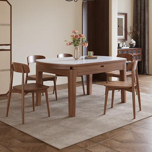 2024新款实木岩板餐桌椅组合现代简约轻奢家用小户型伸缩可变圆桌