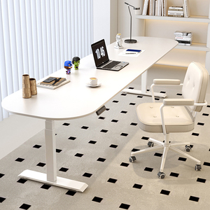 电动升降桌自动奶油风纯白色岩板书桌椭圆形办公桌智能学习电脑桌