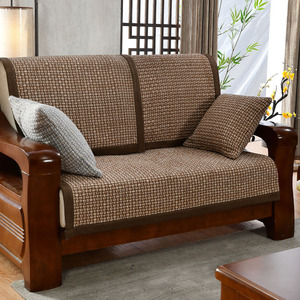 新中式沙发垫实木四季通用棉麻定制坐垫夏季罩巾全包套子深咖啡色