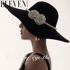 女士洋气礼帽2022新款新娘帽子法式黑色大檐礼帽优雅复古赫本风英