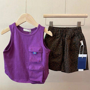 韩国洋气男童背心套装儿童时尚豹纹短裤宝宝可爱紫色短袖两件套潮