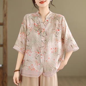 大码洋气苎麻衬衫女士夏季韩版复古刺绣小衫中年妈妈拼接棉麻上衣