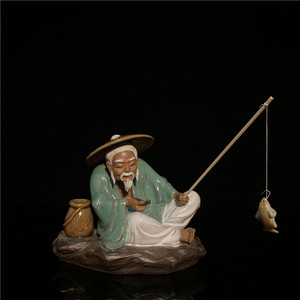 姜太公钓鱼摆件石湾公仔陶瓷摆件创意工艺品假山盘景鱼缸礼品渔翁