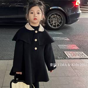 韩版童装2023冬装女童洋气小香风黑色呢子大衣儿童中长款毛呢外套