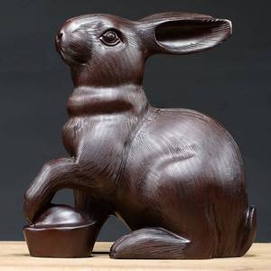 黑檀木雕刻兔子摆件开毛仿古生肖兔实木家居客厅装饰红木工艺礼品