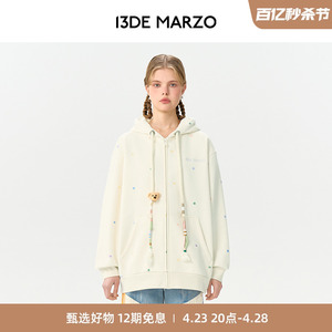 13DE MARZO男女同款 彩色帽绳加绒简约连帽卫衣休闲百搭宽松外套