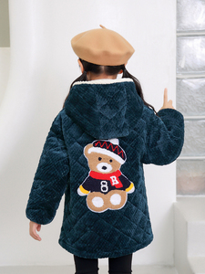 秋冬季儿童罩衣加绒加厚三层棉袄菠萝格拉链连帽居家服防脏护衣