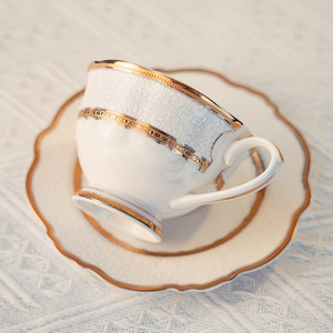 欧若拉咖啡杯骨瓷轻奢浮雕金花纹杯碟组合下午茶餐具英式奢华茶具