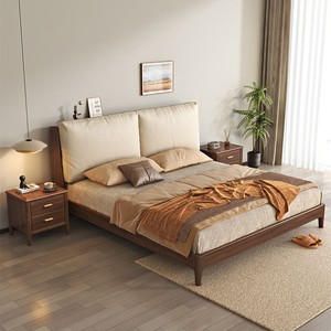 新中式实木床黑胡桃木轻奢简约现代卧室双人床家用多功能床