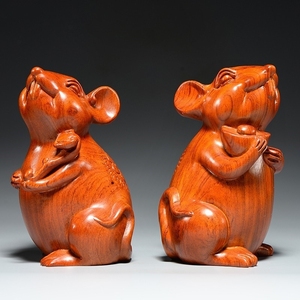 花梨木雕老鼠摆件木质十二生肖如意鼠雕刻家居客厅办公装饰工艺品
