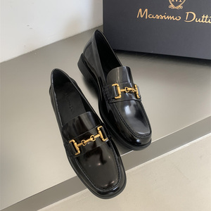 Massimo Dutti 女鞋2024夏新品黑色金属鞋跟真皮平底乐福鞋小皮鞋