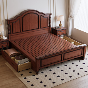 美式全实木床原木复古主卧1.8米双人婚床桃花心木1.5米高箱储物床