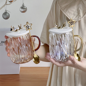 耐热玻璃杯子马克杯带盖勺ins风北欧轻奢鹿角高级感创意咖啡杯女