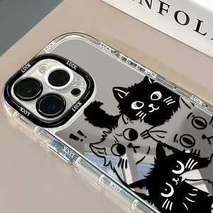 黑色线条猫适用OPPOReno11手机壳小米14/13镜面女新款s18硅胶vivox100红米k70/60防摔套FindX6创意补妆镜子