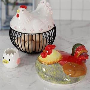 创意母鸡陶瓷盖铁艺收纳篮鸡蛋篮大蒜姜储物筐厨房装饰水果篮蓝。