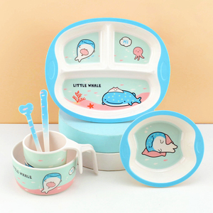 小鲸鱼儿童餐具卡通儿童碗勺套装家用耐摔宝宝辅食碗男孩分格餐盘