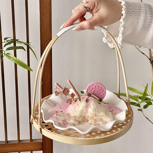 中式陶瓷花边盘子家用茶点盘水果篮手提篮创意竹编篮糕点托盘套装