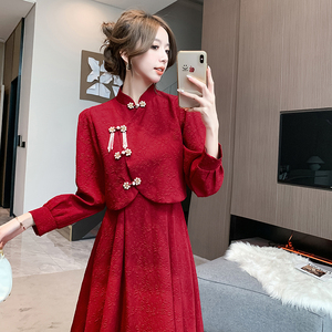 新中式旗袍红色连衣裙敬酒服套装女秋冬季新娘订婚回门礼服平时穿