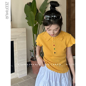 桔黄色短袖POLO领薄款针织T恤女正肩设计感小众收腰短款上衣夏款