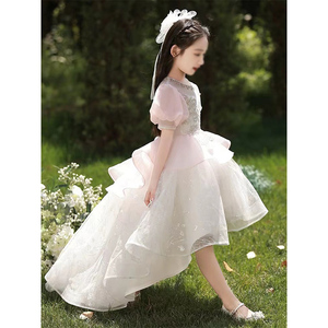 小花童公主裙女童礼服前短后长女孩生日儿童婚纱主持人钢琴演出服