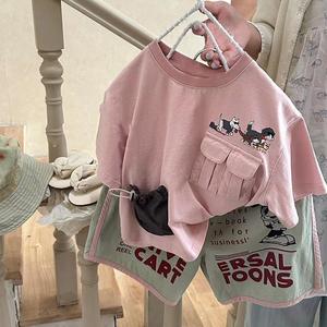 巴拉巴柆男童夏装套装韩版童装儿童洋气时髦粉色短袖t恤短裤宝宝