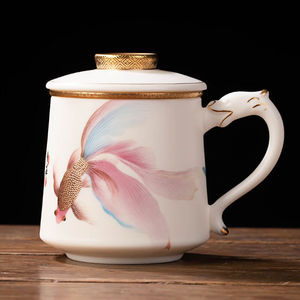 聚均阁景德镇羊脂玉茶杯个人专用陶瓷创意办公杯子茶水分离泡茶杯