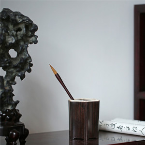 紫光檀六角形委角笔筒木质雕刻复古中国风桌面毛笔文具收纳盒摆件
