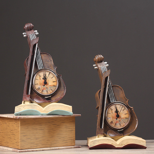 钟装饰摆件创意复古小提琴钟表客厅咖啡厅办公桌桌面座钟摆设品